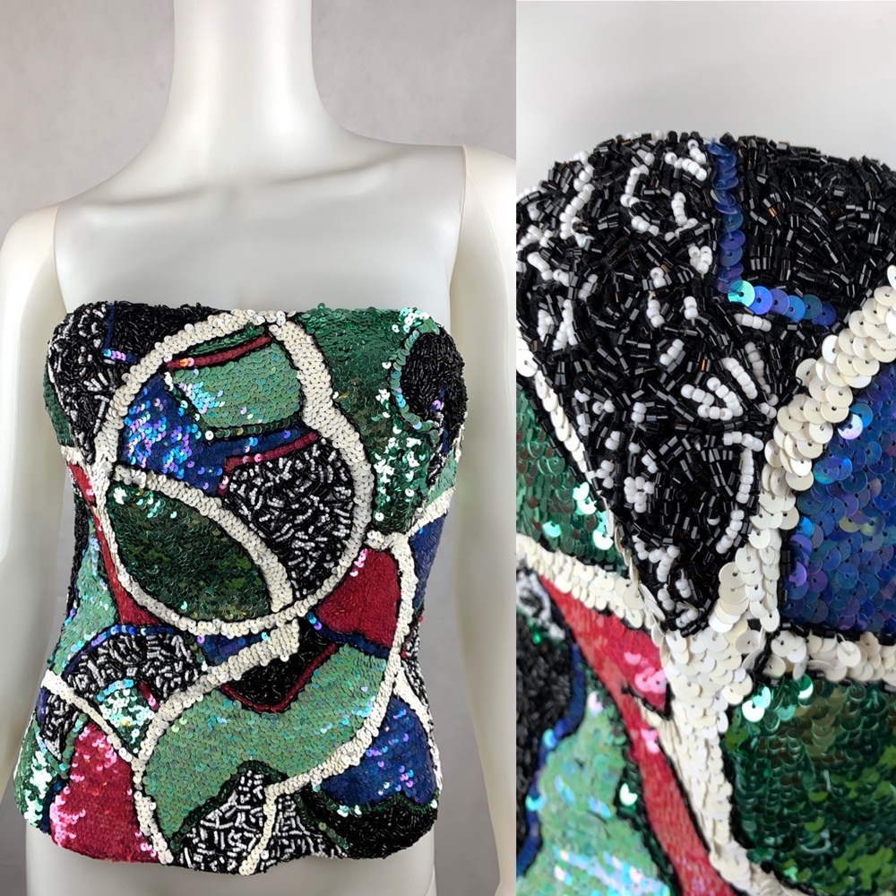 Oleg Cassini Silk Beaded Black Green Pink Bustier - Picture 1 of 7